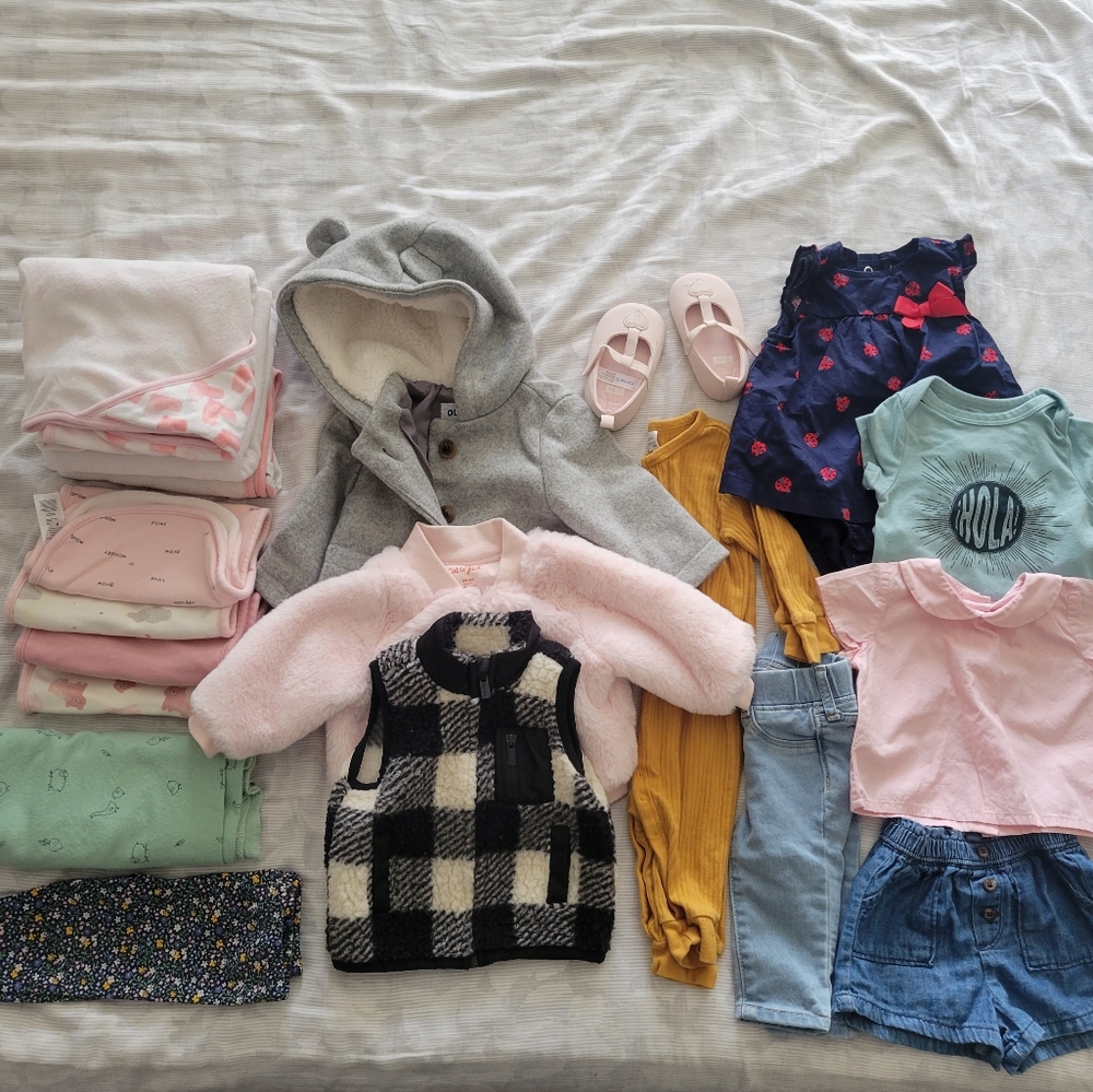Bundle of baby 3/6 months of clothing, bath towels, burp towels, and coats